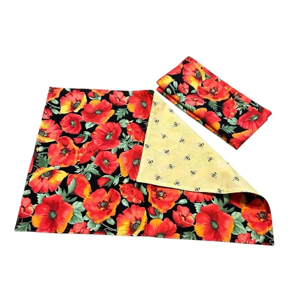 Orange & Black Floral Reversible Bee Print Set of 2 Napkins 13x18‎